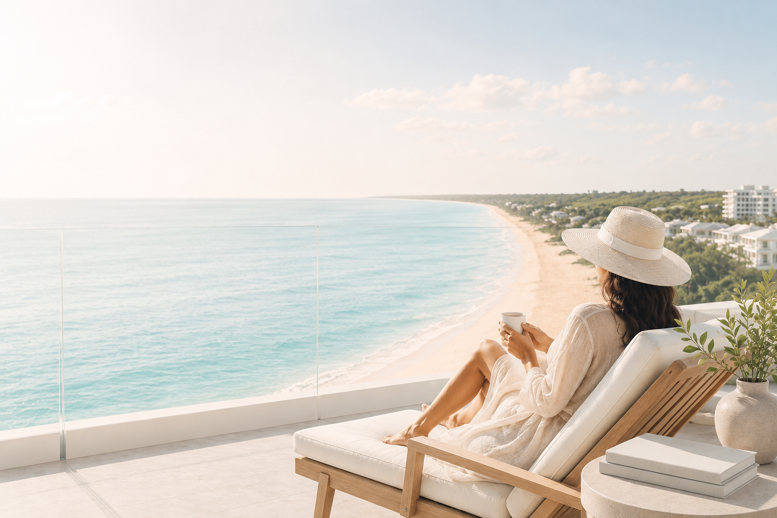 Woman relaxing on an oceanfront terrace overlooking Cable Beach at Goldwynn Residences in Nassau Bahamas